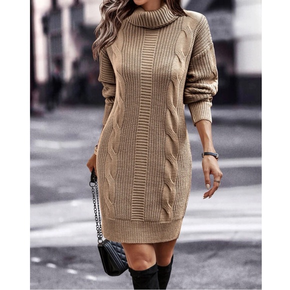 Cozy turtleneck Cable Knit Sweater Dress - Picture 3 of 6